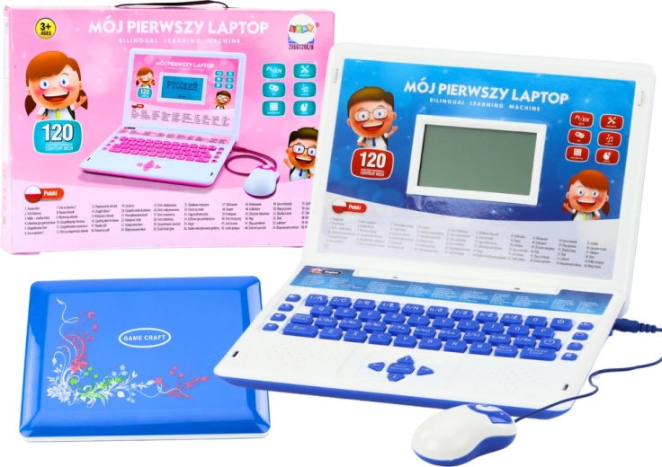 Interaktivní vzdělávací laptop pro děti, 60 funkcí, dvojjazyčný, s myší, modrý