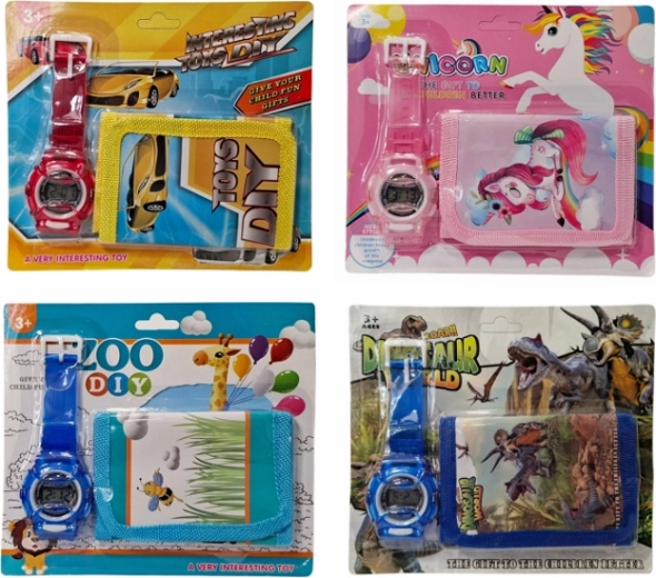 dětská sada peněženka a hodinky s motivy zvířat, aut a jednorožců