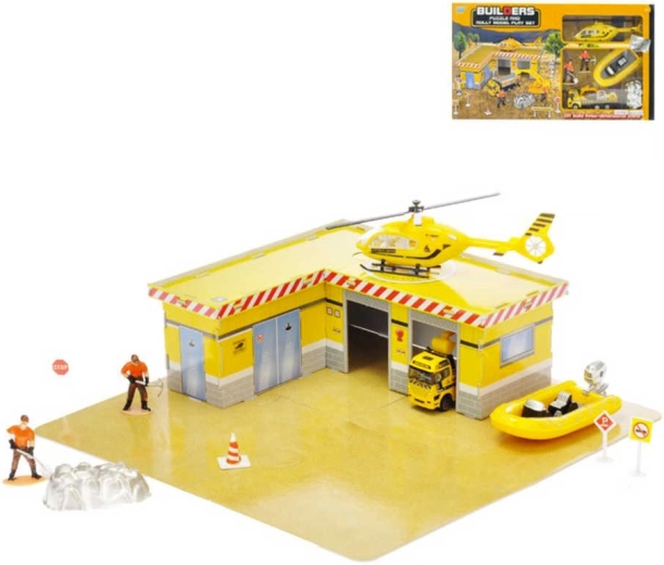 Stavební puzzle set 33 ks s 2 auty (kov) a doplňky v krabičce