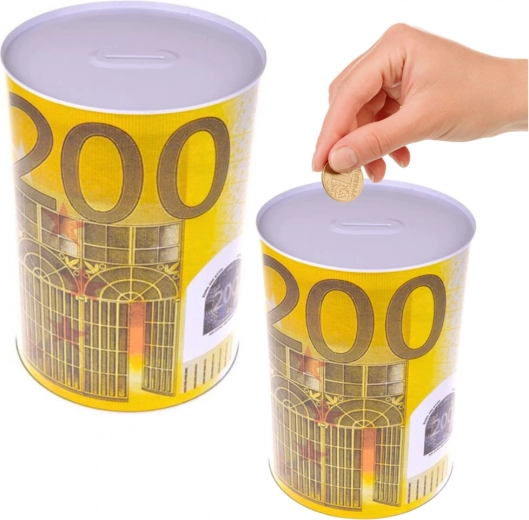 Kovová pokladnička ve tvaru plechovky s motivem bankovky 200 Euro
