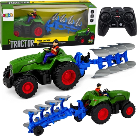 Zelený RC zemědělský traktor s pluhem a farmářem 1:24