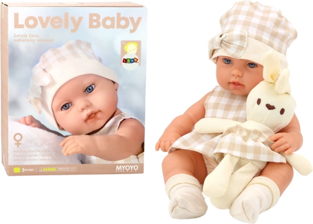 Látková panenka v nosítku s králíčkem, béžová kostka 30 cm