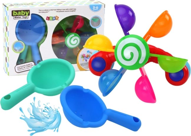 Obrotová hračka do koupele s barevnými miskami a dvěma lžícemi