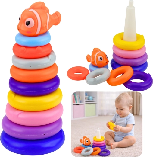 Vzdělávací skládací věž z barevných kroužků s rybkou, 10 dílů