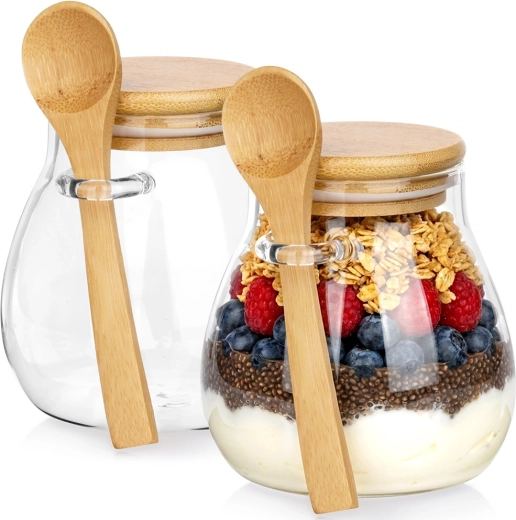 Skleněné kelímky na jogurt a dezerty s bambusovým víčkem a lžičkou, 440 ml, 2 ks