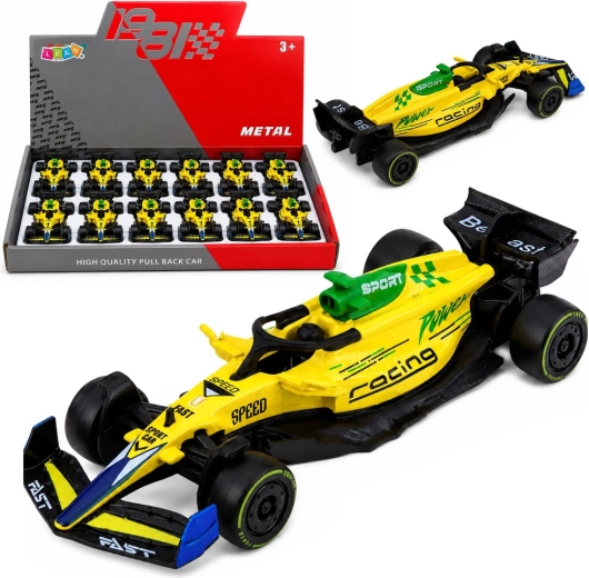 Kovové závodní auto formule pull back 1:43 žluté