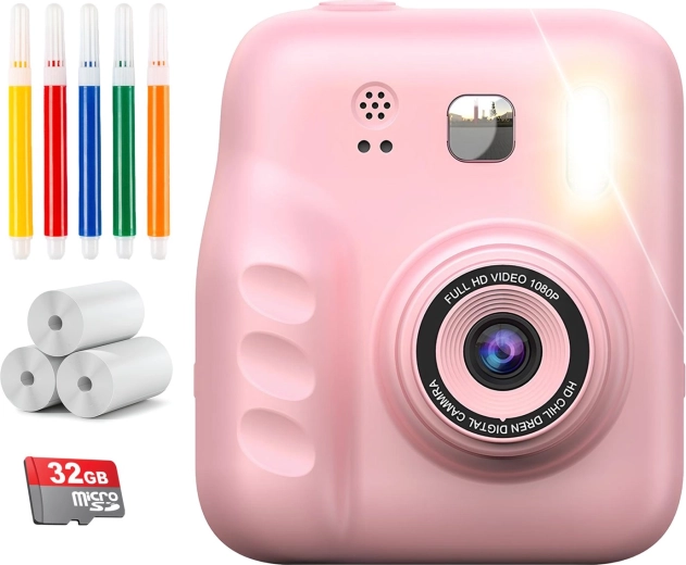 Renew Force dětský digitální instantní fotoaparát s tiskárnou (12 Mpx, SD 32 GB) – růžový