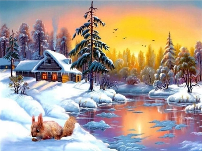 Norimpex diamantové malování zimní dům u jezera s veverkami 30 × 40 cm