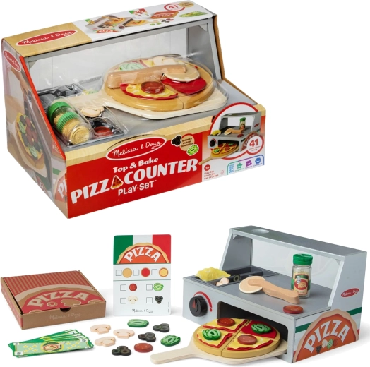 Melissa & Doug dřevěná pizzerie – pizza pult s pecí a doplňky (41 ks)