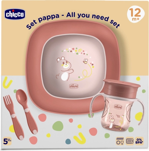 Chicco jídelní sada pro děti s 360° hrnkem růžová 12m+