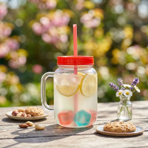 Pohár se slámkou a chladicími kostkami červený 550 ml