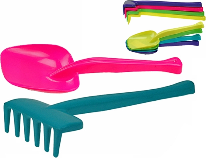 Dětská lopatka a hrábě 30 cm – sada 20 ks v pěti barvách