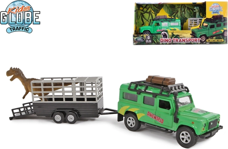 Kids Globe Traffic terénní auto LAND ROVER s přívěsem a dinosaurem 28 cm, kov, zpětný chod