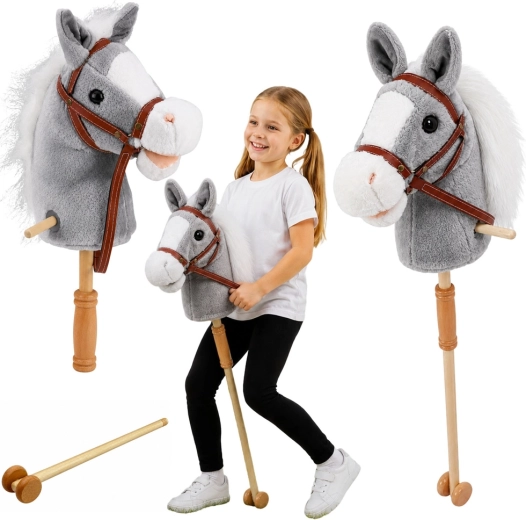 Hobby horse šedý kůň na tyči 100 cm se zvuky a kolečky