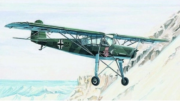 Model Fieseler FI-156 Storch 13,8x19,6cm v krabici 25x14,5x4,5cm