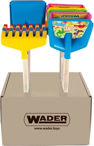 Wader happy summer dětská lopatka nebo hrábě s dlouhou dřevěnou rukojetí