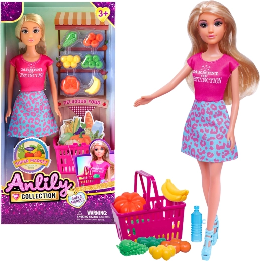 Panenka s nákupním košíkem a prodejnou ovoce a zeleniny