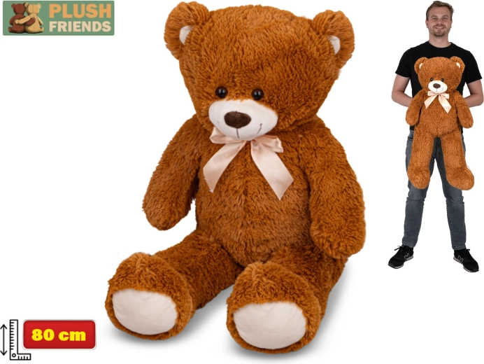 Plyšový medvěd 80 cm tmavě hnědý s mašlí Plush Friends