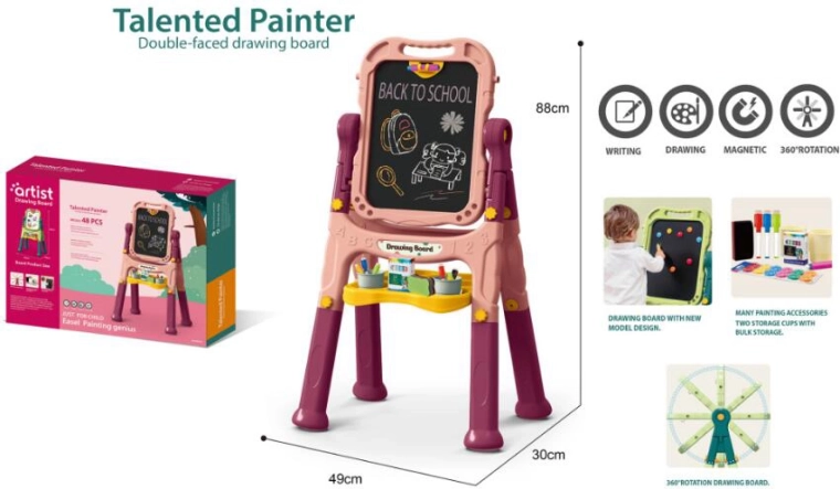 Dětská umělecká tabule 48 ks – růžová, oboustranná křídová a magnetická