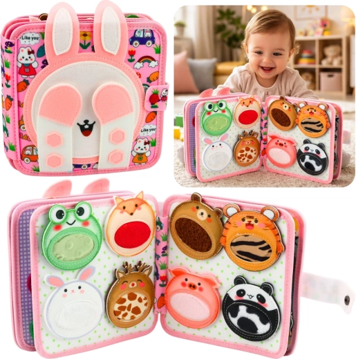 Textilní smyslová knížka z filcu – růžový králíček 3D