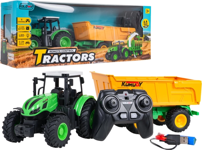 Dálkově ovládaný traktor se žlutým sklápěcím přívěsem 1:24