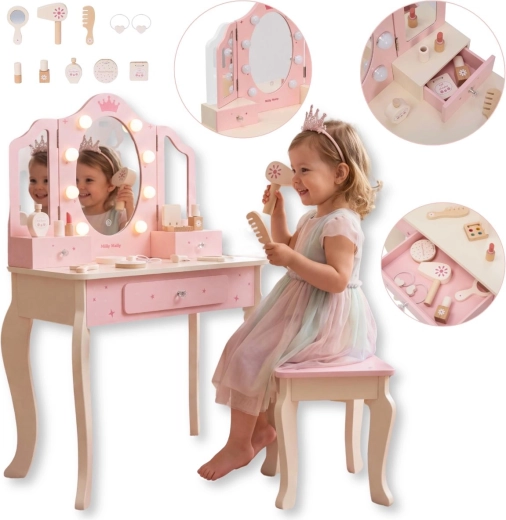 Dětský dřevěný toaletní stolek Milly Mally Queen Pink s LED zrcadlem