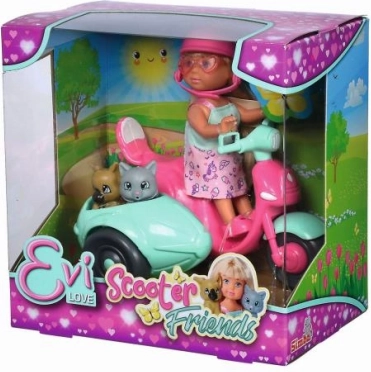 Panenka EVI LOVE na skútru s pejskem a kočičkou, 12 cm