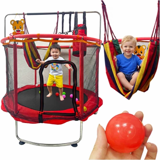dětská zahradní trampolína se sítí a košem 150 cm červená