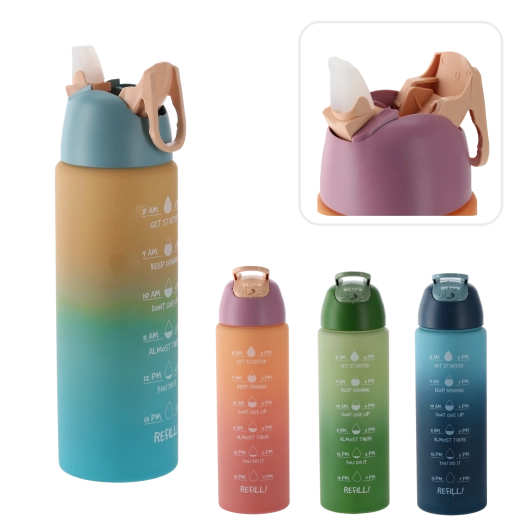 Sportovní láhev na vodu 700 ml s časovými značkami, ombré růžovo‑oranžová