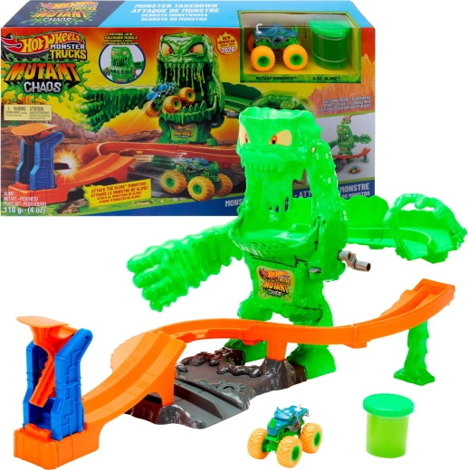 Hot Wheels monster truck dráha se slizem: souboj s mutantním monstrem + autíčko