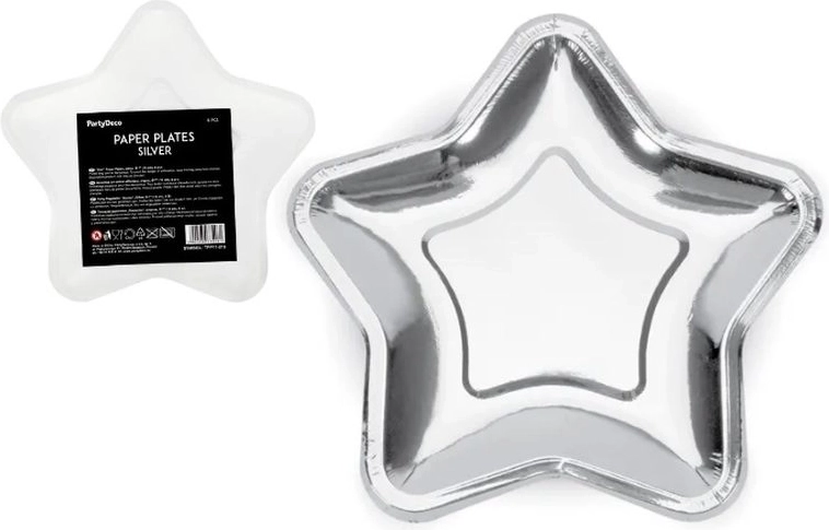 Papírové talířky ve tvaru hvězdy stříbrné 18 cm (6 ks)
