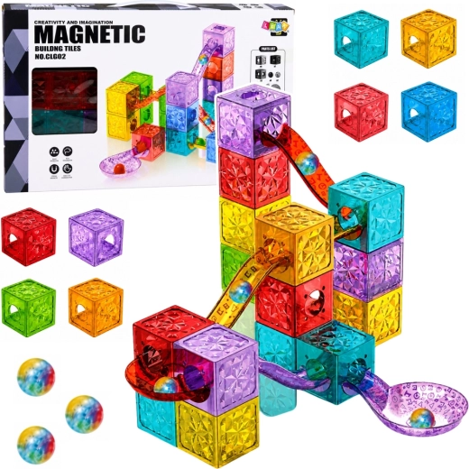 Magnetické stavební kostky – kuličková dráha, barevné průhledné kostky (28 dílů)