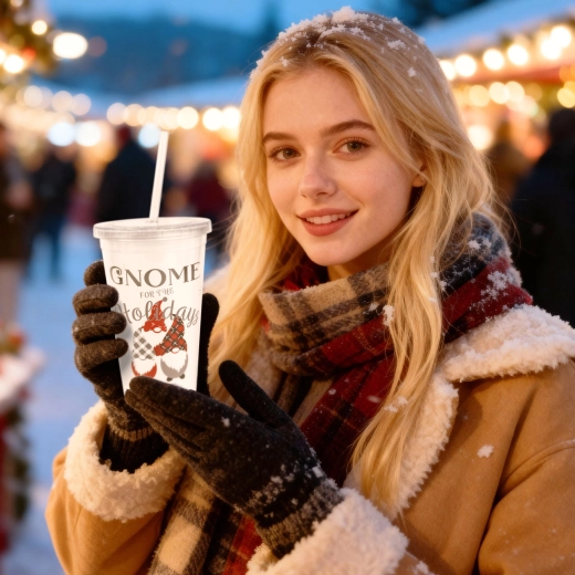 Vánoční plastový pohár s brčkem a víčkem 473 ml