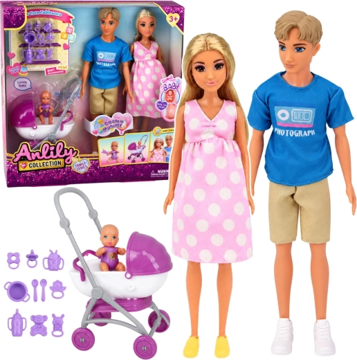 Anlily Collection rodinný set panenek s miminkem, kočárkem a doplňky