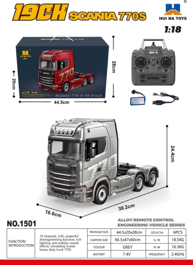 Dálkově ovládaný kamion Scania 770S 1:18 šedý
