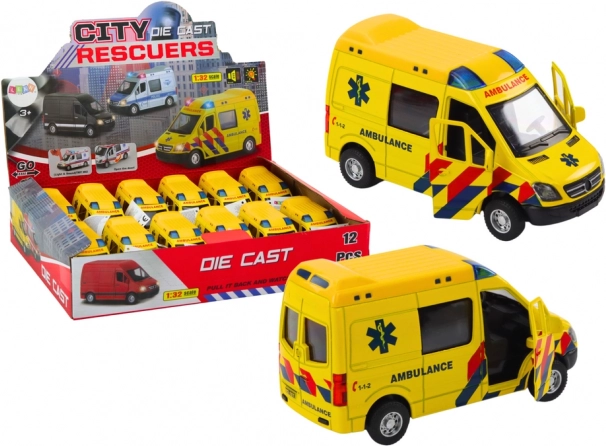 Ambulance model 1:32 s otevíracími dveřmi a světelnými a zvukovými efekty - žlutá
