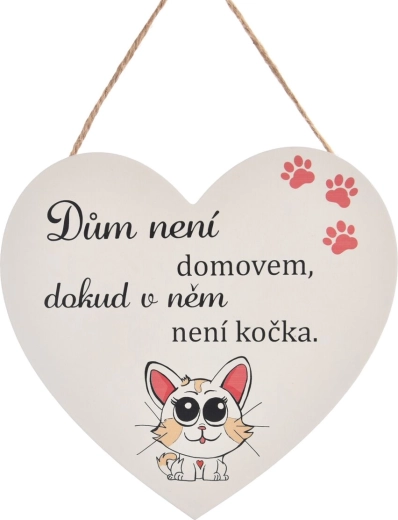 Dřevěná dekorativní cedule ve tvaru srdce „CAT HOME“