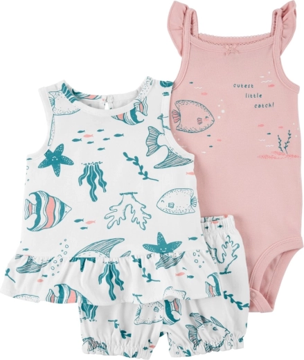 Carter's 3dílný set pro dívky Pink ocean – body bez rukávů, triko bez rukávů a kraťasy