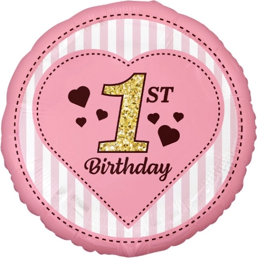 Růžový fóliový balónek 45 cm – 1st Birthday