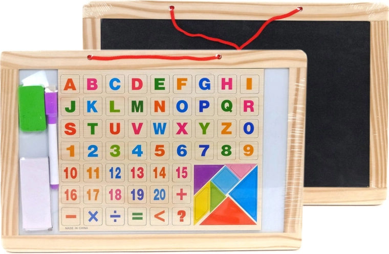 Oboustranná magnetická tabule na křídy a fixy s písmeny, čísly a puzzle