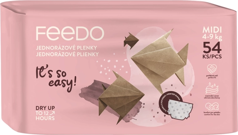 Jednorázové dětské pleny FEEDO Midi 3 (4–9 kg), 54 ks