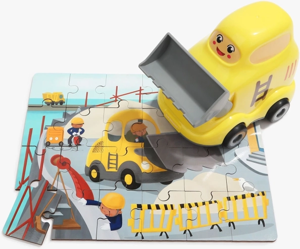 TOP BRIGHT dřevěné puzzle s hračkou – buldozer, 24 dílků