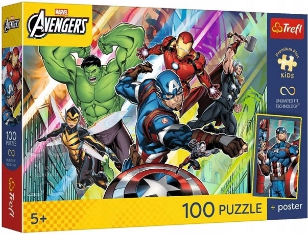 Trefl Marvel Avengers dětské puzzle 100 dílků síla a moc s plakátem