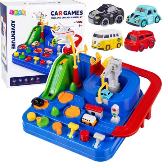 Interaktivní autodráha s překážkami a parkovištěm, 4 auta a vrtulník – modrá