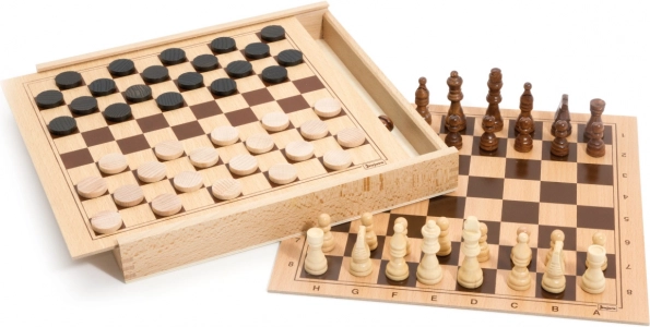 Jeujura šachy a dáma v dřevěné krabici