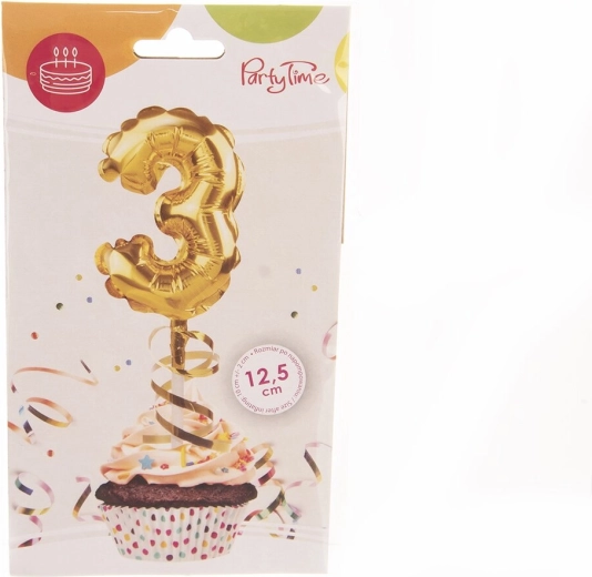 Fóliový balónek číslo 3 s motivem dortu zlatý 12,5 cm