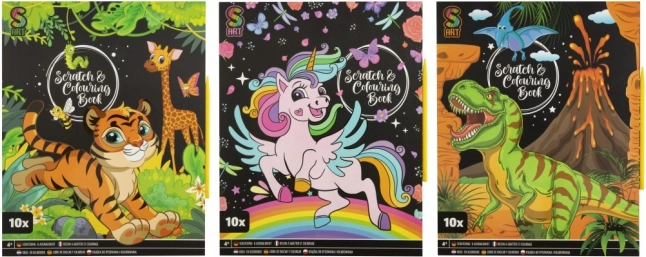 Vyškrabovací a omalovánková sada pro děti – 10 archů s plastovým perem