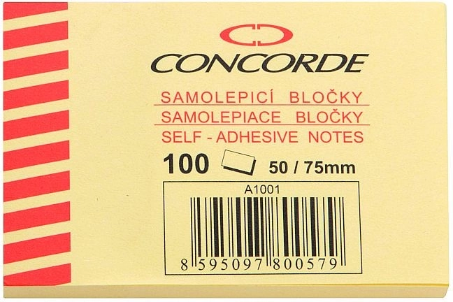 Samolepicí bloček CONCORDE 50 × 75 mm, žlutý, 100 listů