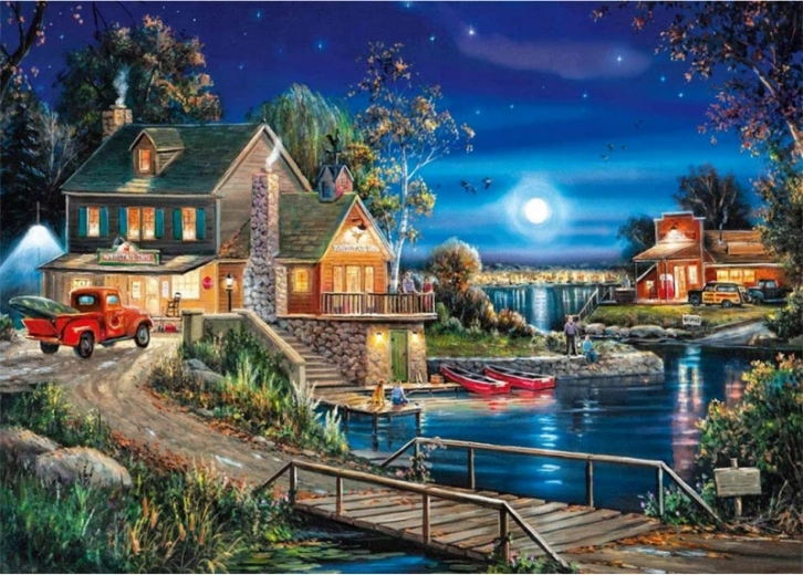 Diamantové malování (diamond painting) Gospodarstwo nocą 40 × 30 cm