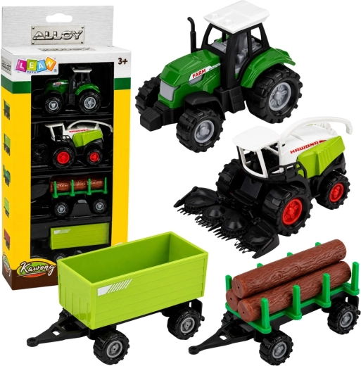 Sada zemědělských vozidel 1:68 – traktor, řezačka, přívěs a vlek na dřevo (4 ks)